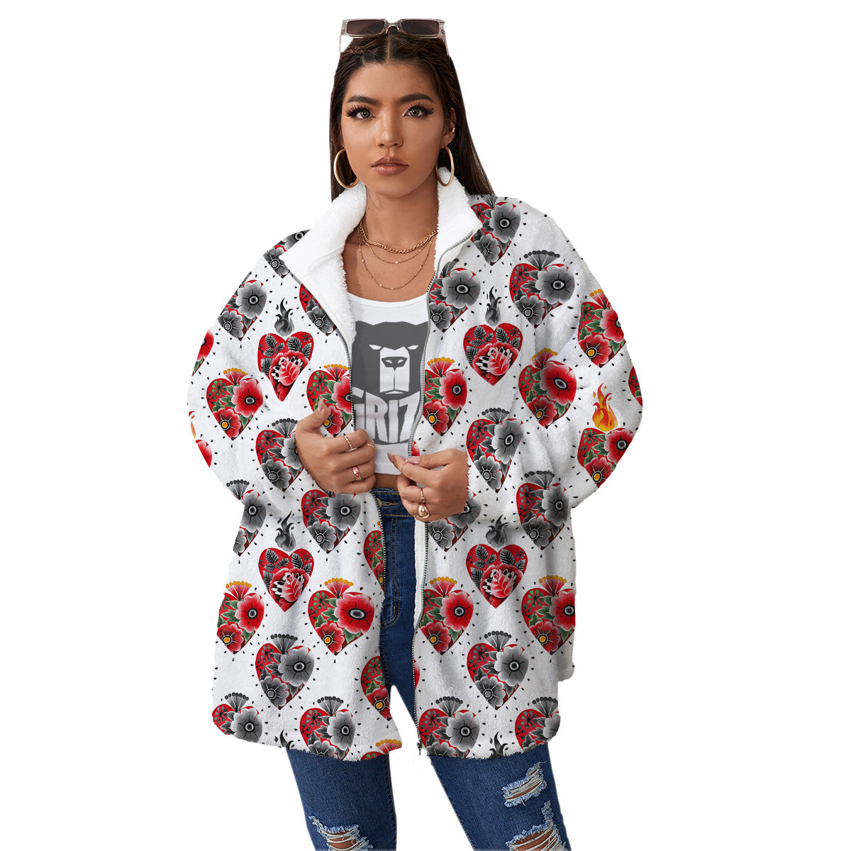 Watercolor Flaming Heart Tattoo Print Pattern Women's Sherpa Jacket-grizzshop