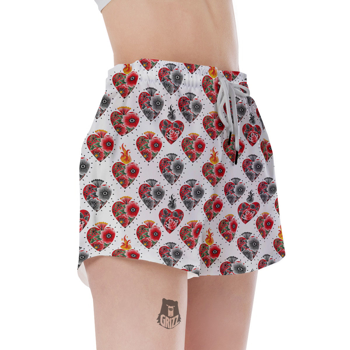 Watercolor Flaming Heart Tattoo Print Pattern Women's Shorts-grizzshop