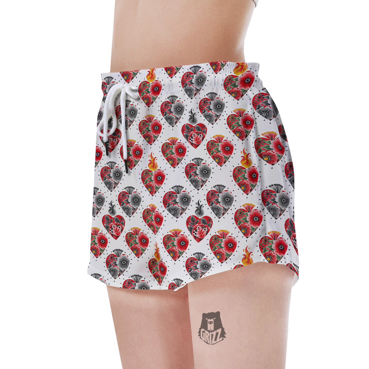 Watercolor Flaming Heart Tattoo Print Pattern Women's Shorts-grizzshop