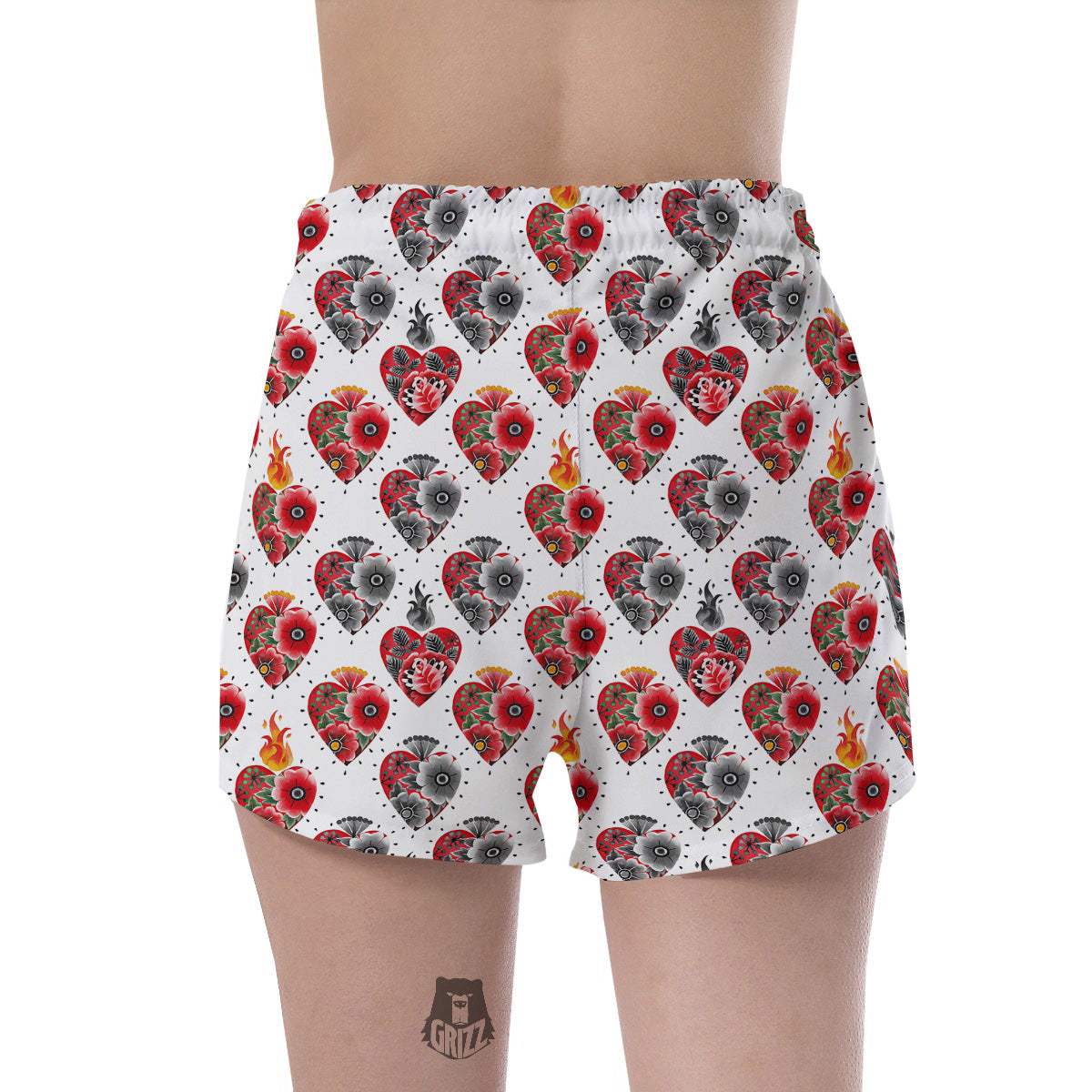 Watercolor Flaming Heart Tattoo Print Pattern Women's Shorts-grizzshop
