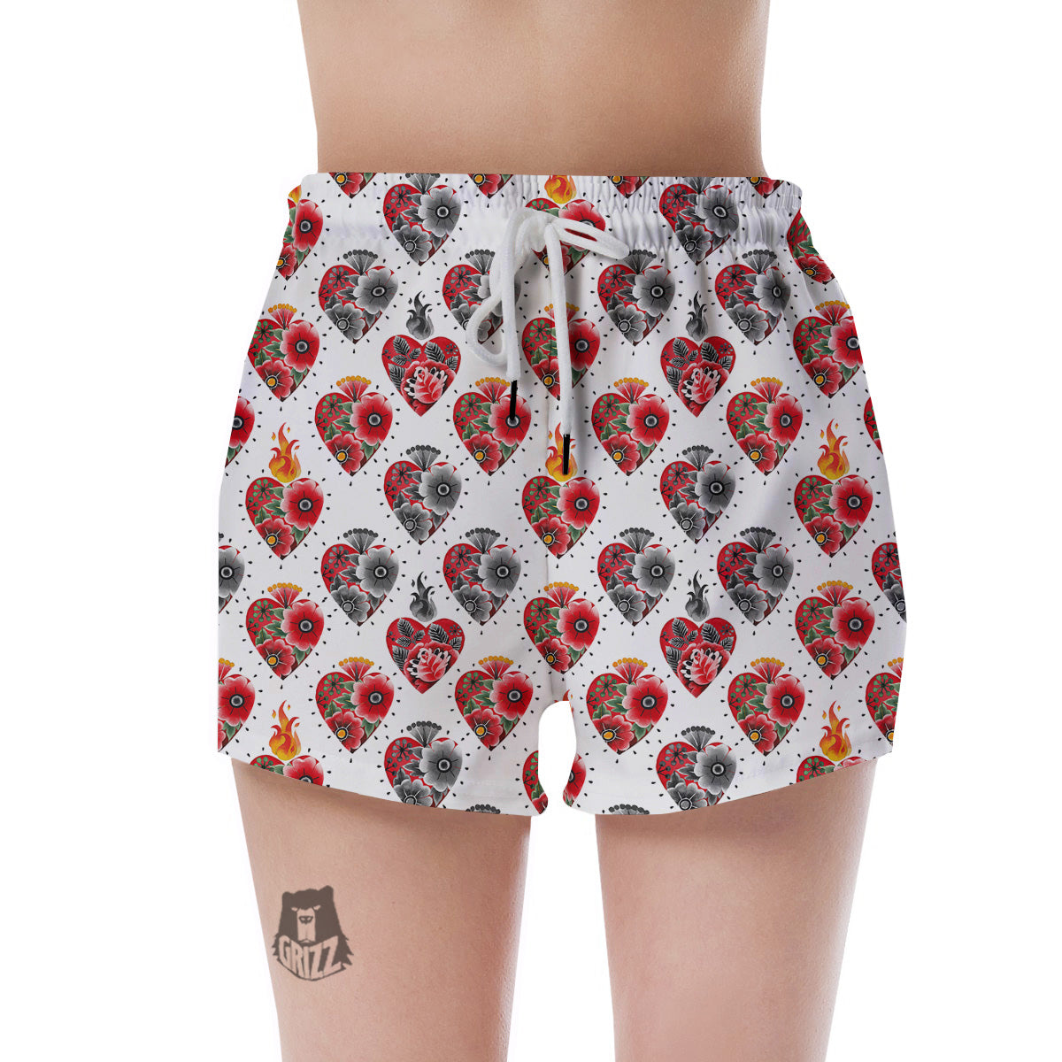 Watercolor Flaming Heart Tattoo Print Pattern Women's Shorts-grizzshop