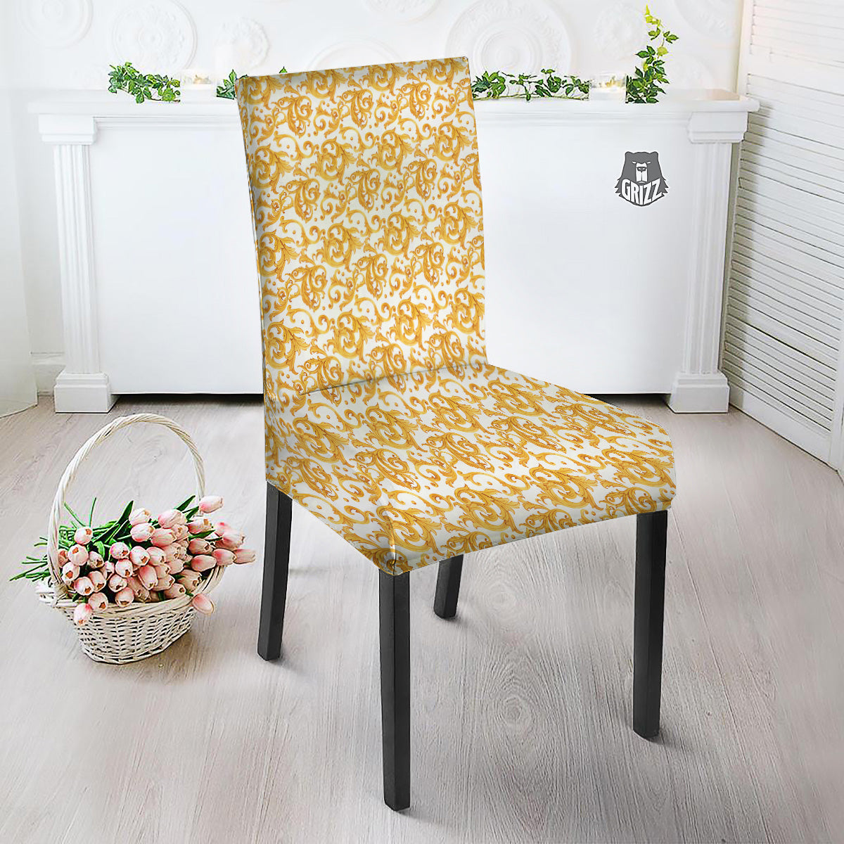 Watercolor Golden Baroque Print Pattern Dining Chair Slipcover-grizzshop