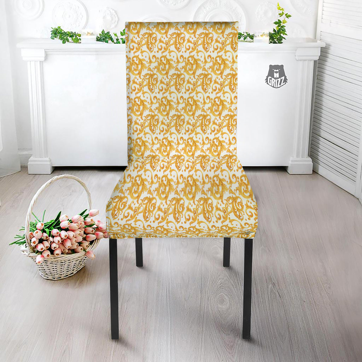 Watercolor Golden Baroque Print Pattern Dining Chair Slipcover-grizzshop