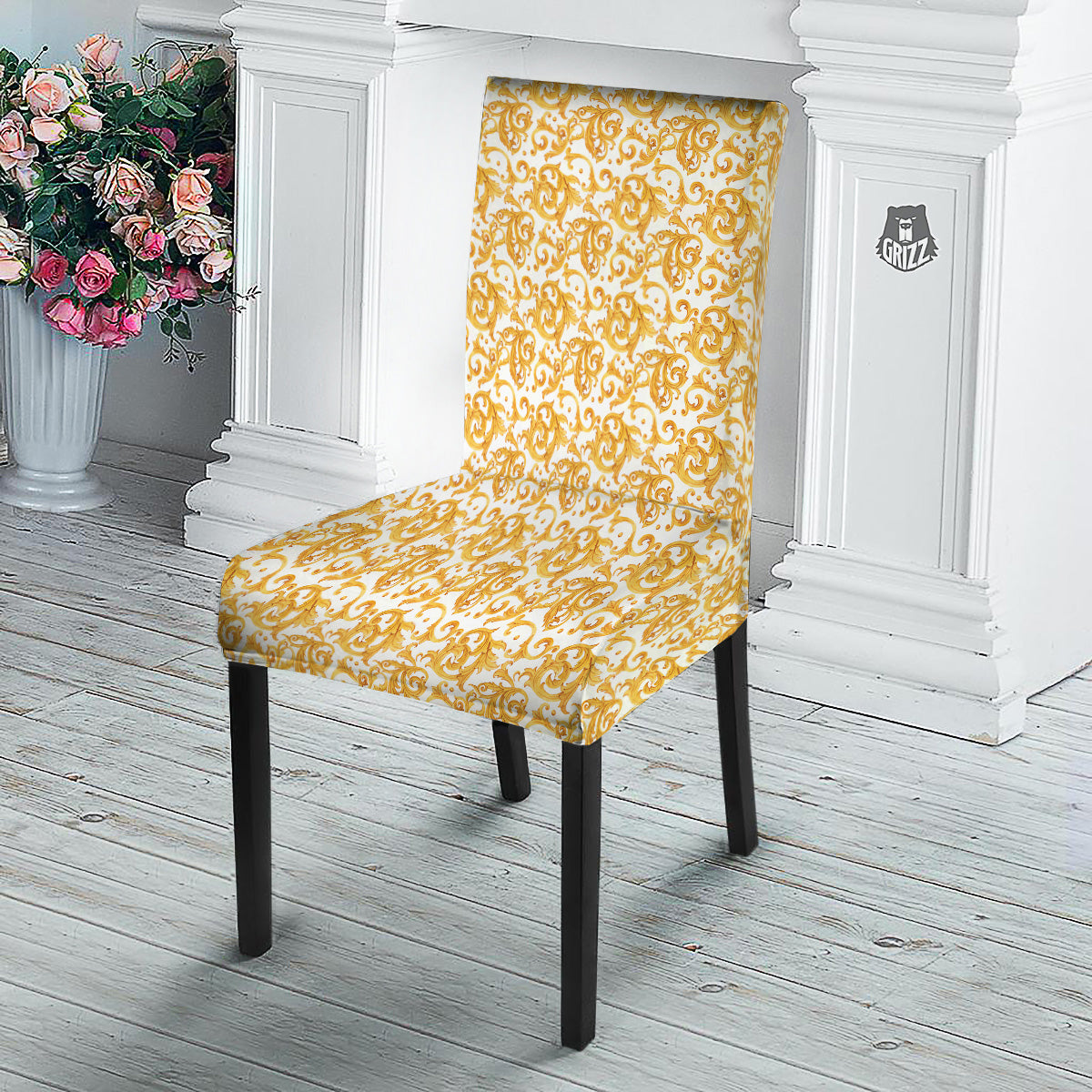 Watercolor Golden Baroque Print Pattern Dining Chair Slipcover-grizzshop