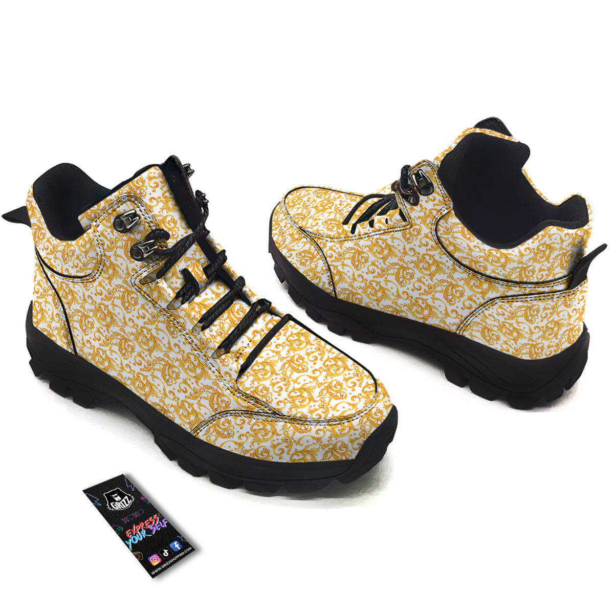 Watercolor Golden Baroque Print Pattern Hiking Shoes-grizzshop
