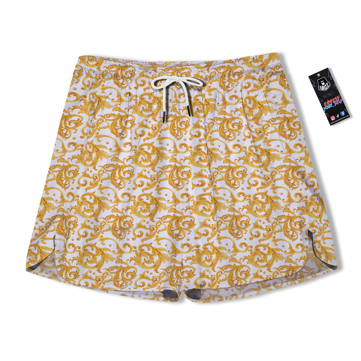 Watercolor Golden Baroque Print Pattern Men's Running Shorts-grizzshop