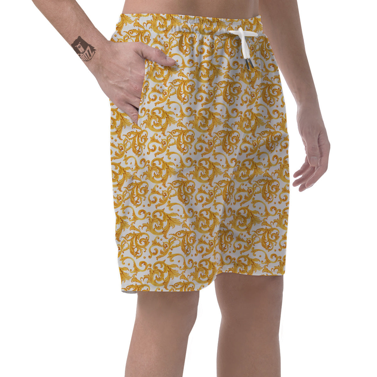 Watercolor Golden Baroque Print Pattern Men's Shorts-grizzshop