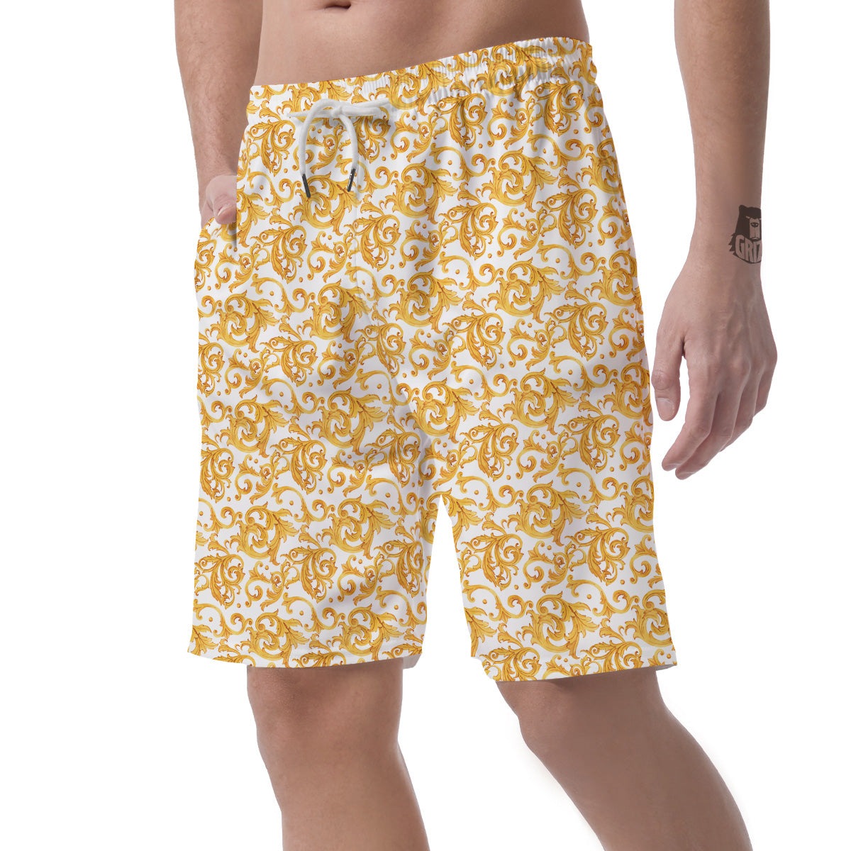 Watercolor Golden Baroque Print Pattern Men's Shorts-grizzshop