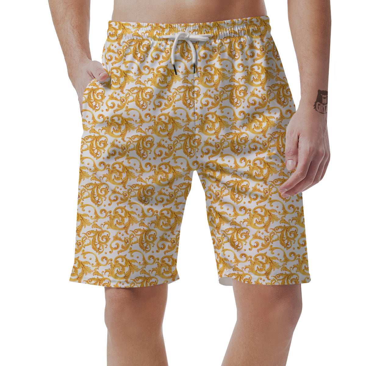 Watercolor Golden Baroque Print Pattern Men's Shorts-grizzshop