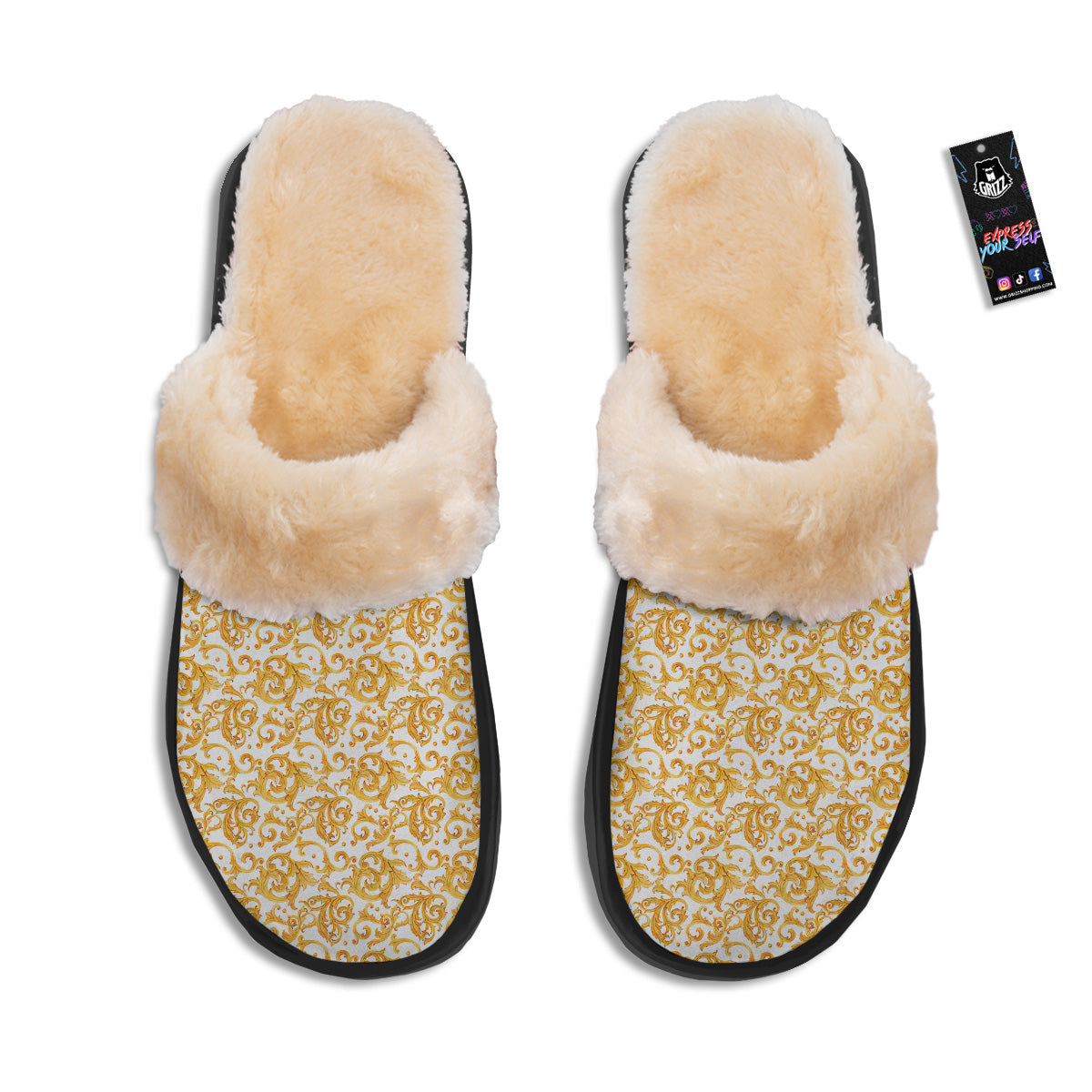 Watercolor Golden Baroque Print Pattern Slippers-grizzshop