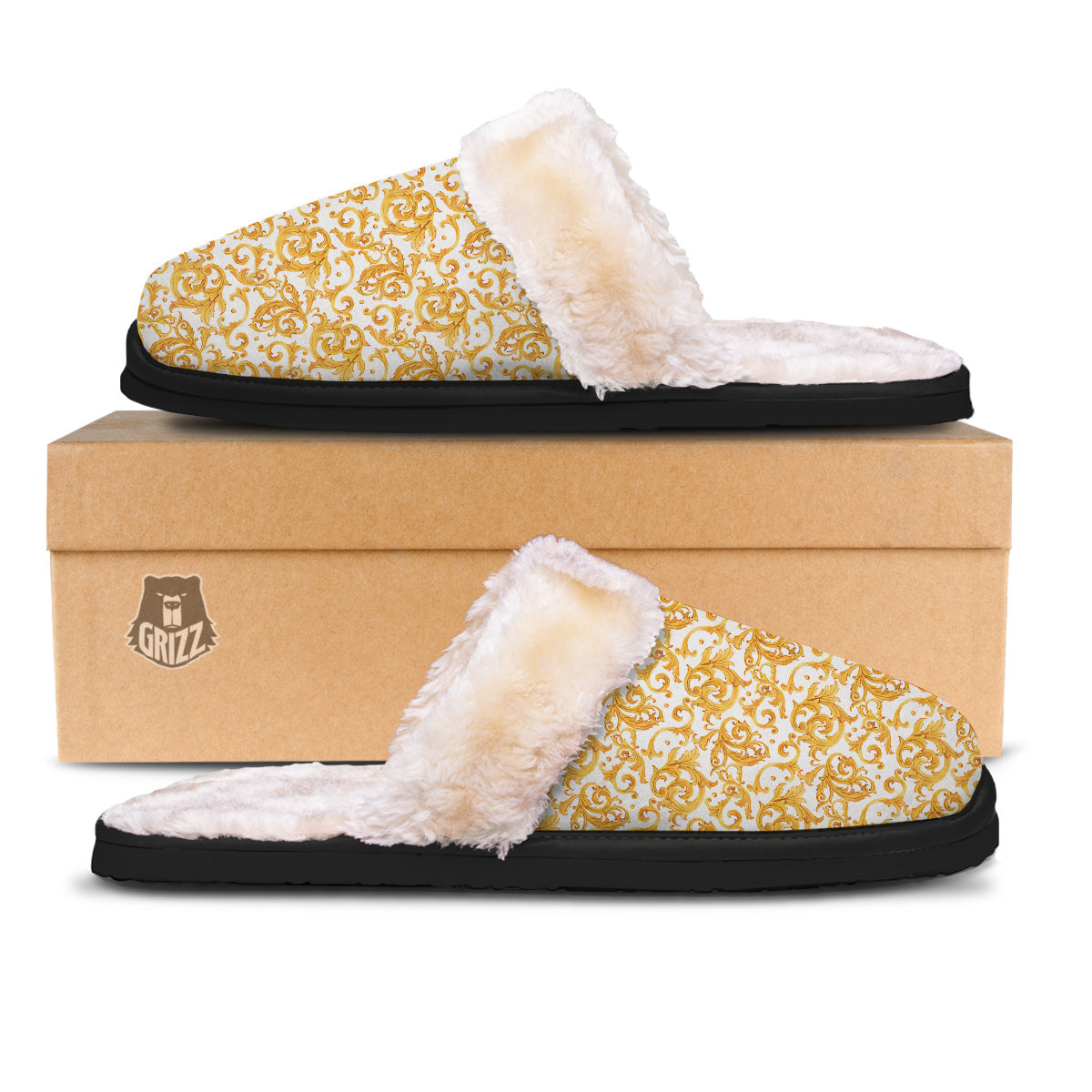 Watercolor Golden Baroque Print Pattern Slippers-grizzshop