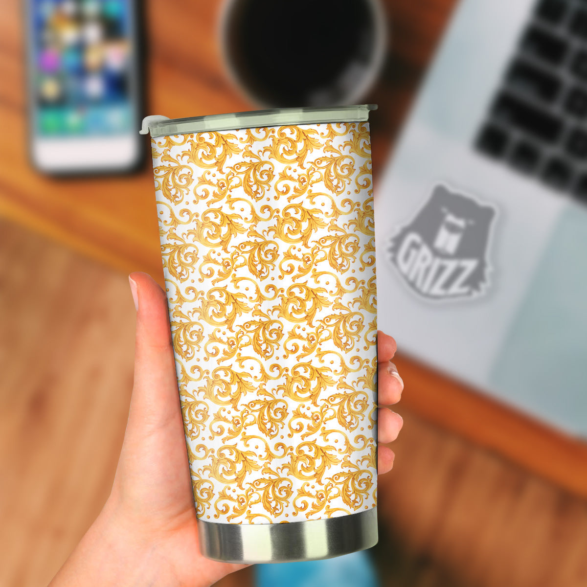 Watercolor Golden Baroque Print Pattern Tumbler-grizzshop