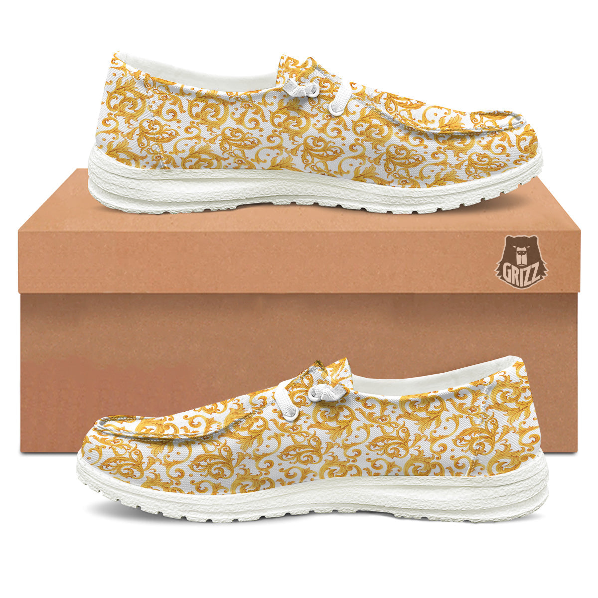 Watercolor Golden Baroque Print Pattern White Loafers-grizzshop