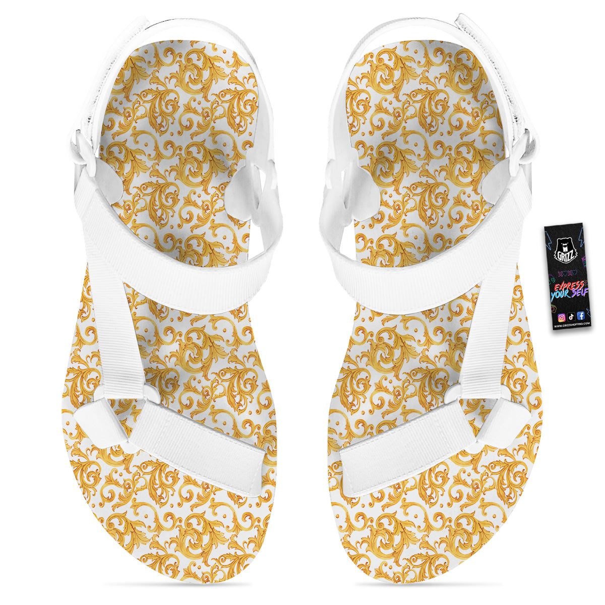 Watercolor Golden Baroque Print Pattern White Open Toe Sandals-grizzshop
