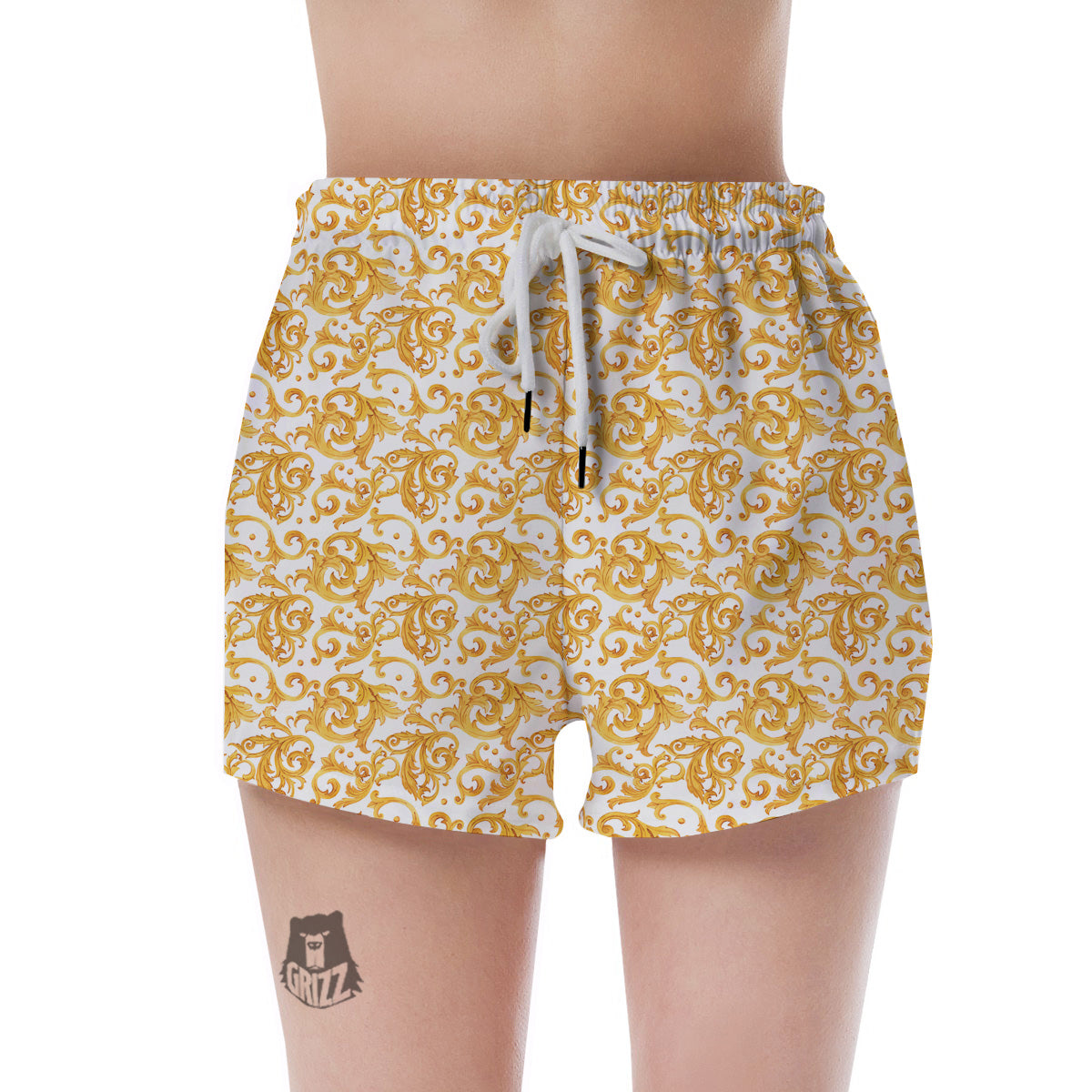 Watercolor Golden Baroque Print Pattern Women's Shorts-grizzshop