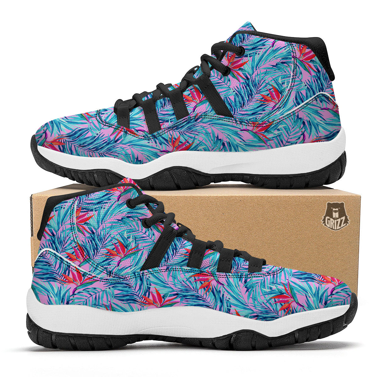 Watercolor Hawaiian Pink And Blue Print Black Bball Shoes-grizzshop