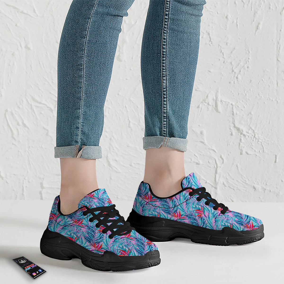 Watercolor Hawaiian Pink And Blue Print Black Chunky Shoes-grizzshop