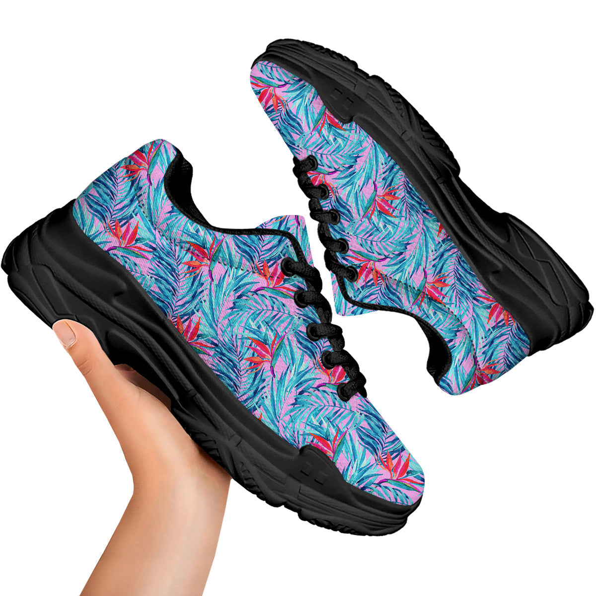 Watercolor Hawaiian Pink And Blue Print Black Chunky Shoes-grizzshop