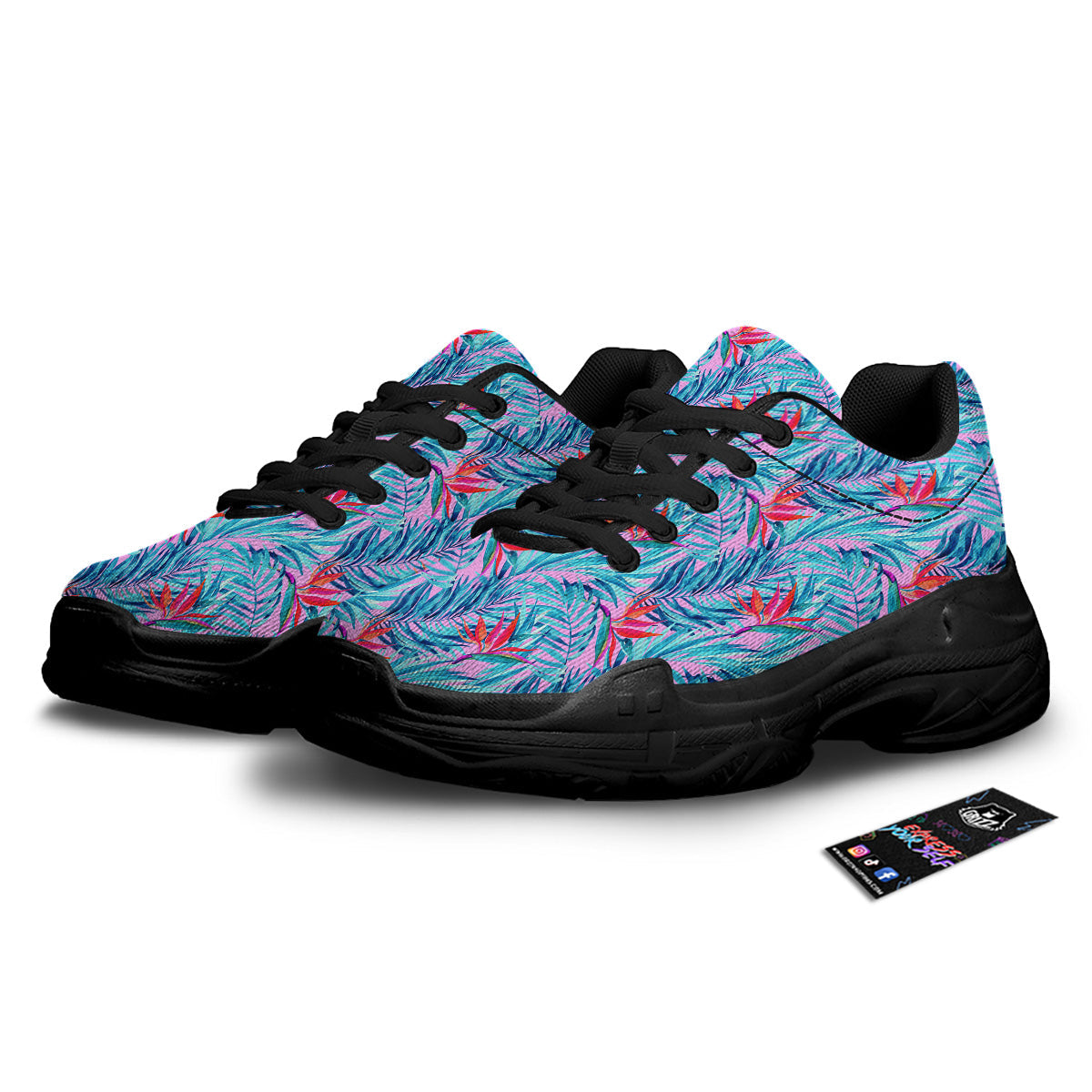 Watercolor Hawaiian Pink And Blue Print Black Chunky Shoes-grizzshop