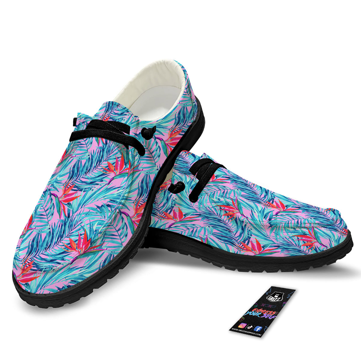 Watercolor Hawaiian Pink And Blue Print Black Loafers-grizzshop