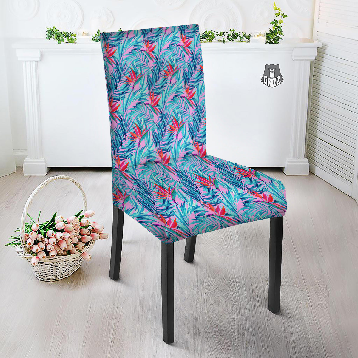 Watercolor Hawaiian Pink And Blue Print Dining Chair Slipcover-grizzshop