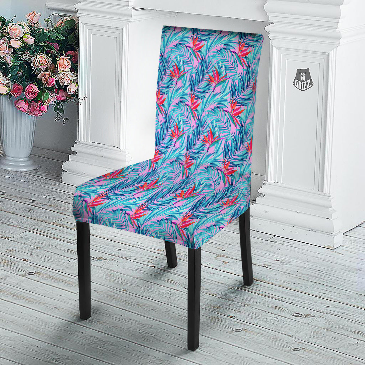 Watercolor Hawaiian Pink And Blue Print Dining Chair Slipcover-grizzshop
