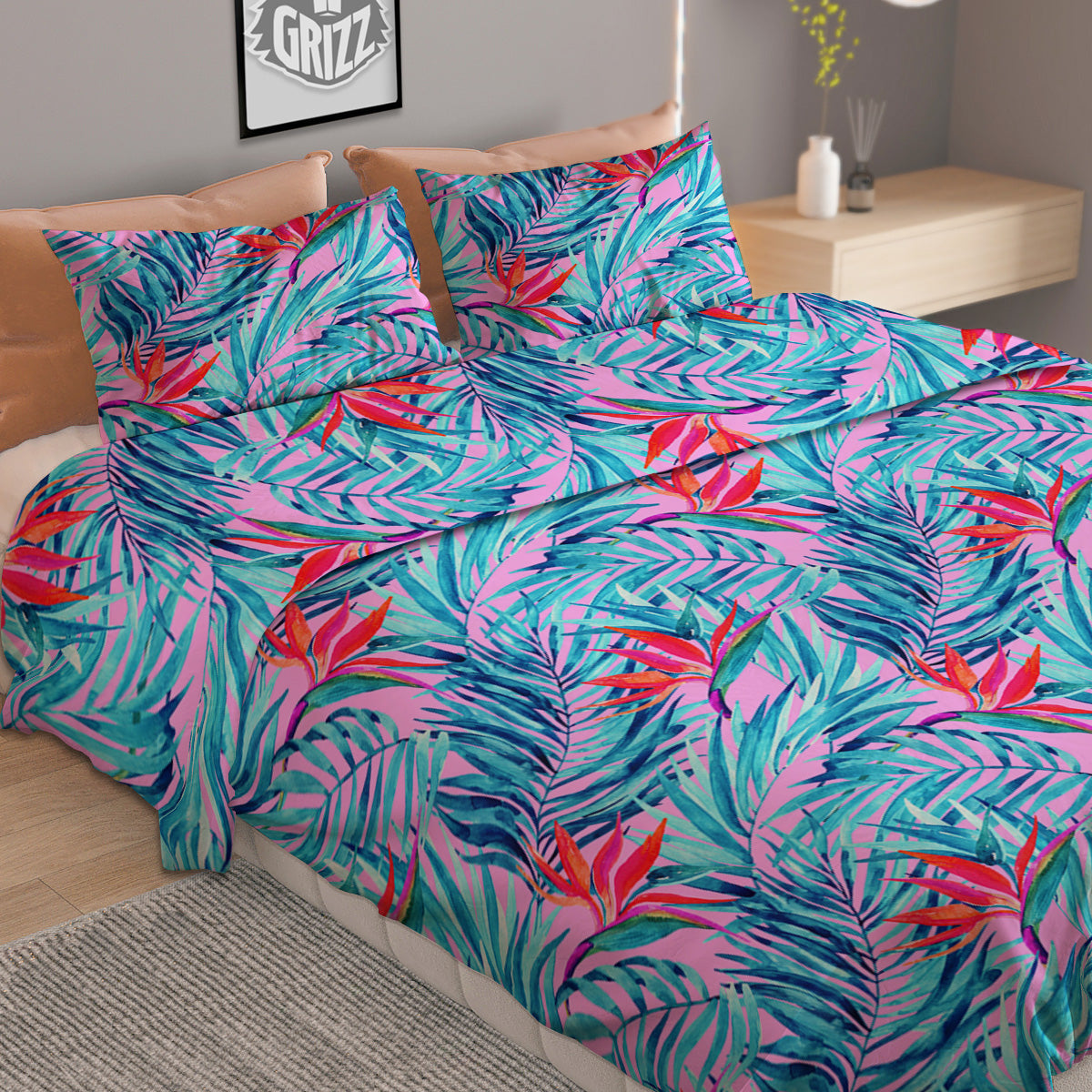 Watercolor Hawaiian Pink And Blue Print Duvet Cover Bedding Set