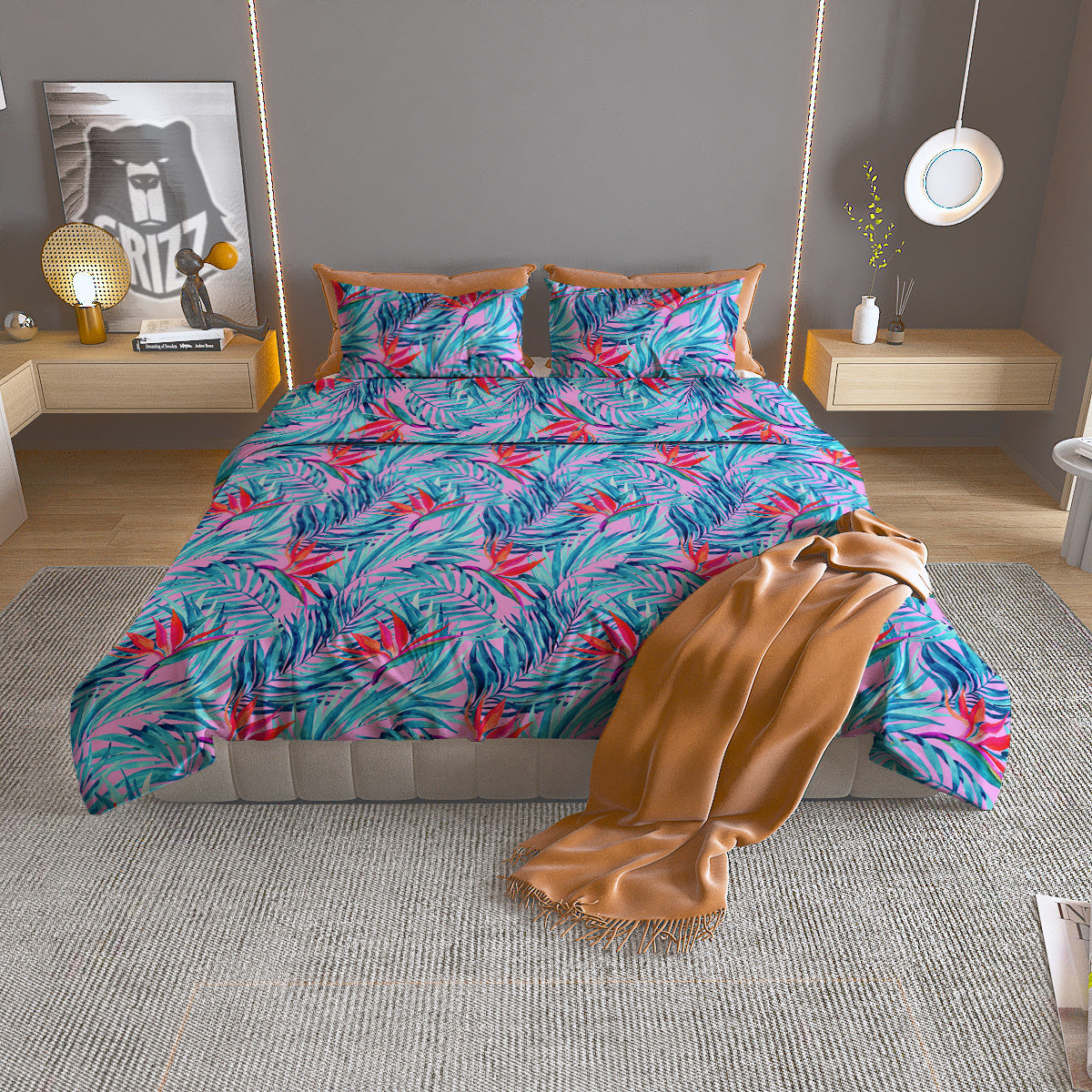 Watercolor Hawaiian Pink And Blue Print Duvet Cover Bedding Set