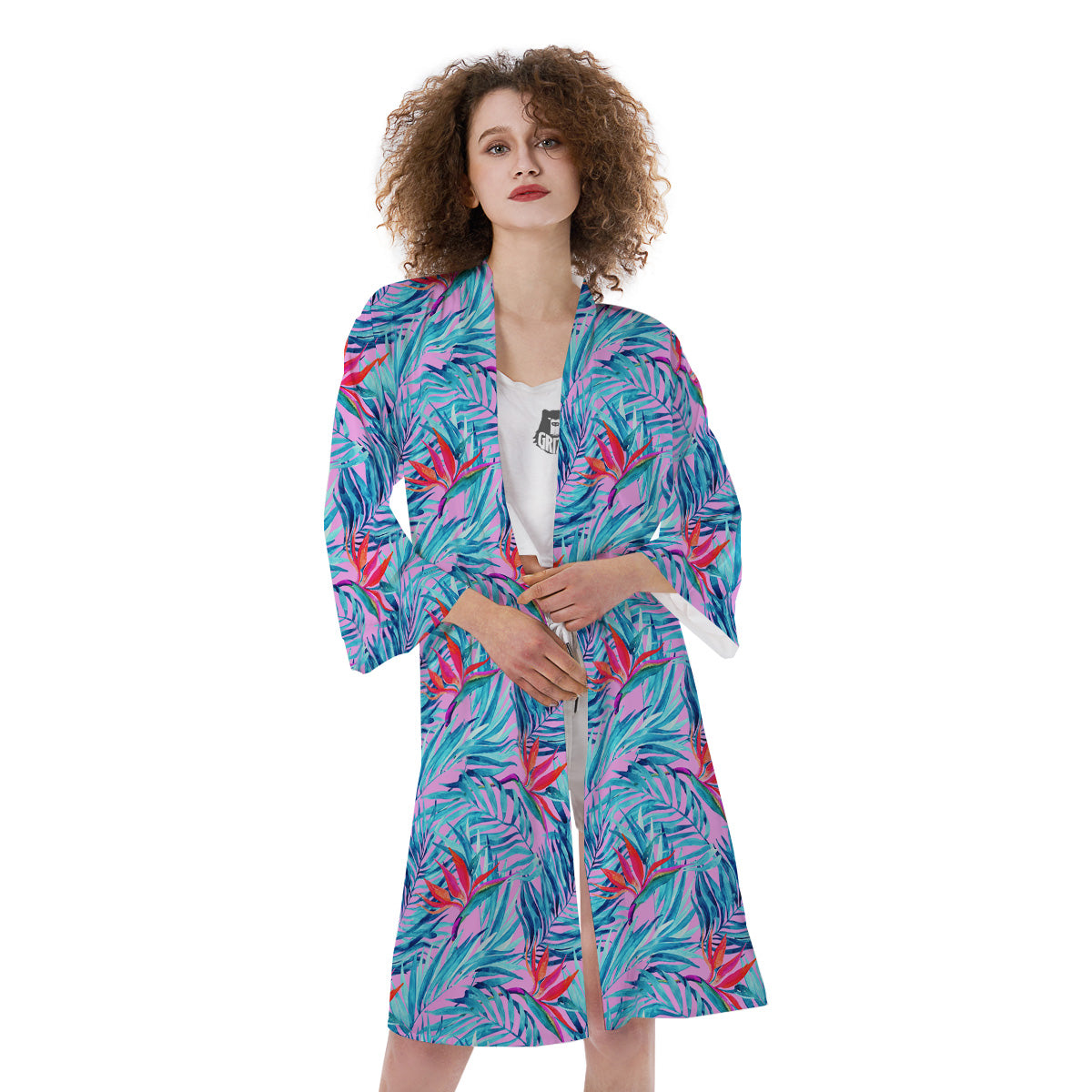 Watercolor Hawaiian Pink And Blue Print Kimono-grizzshop