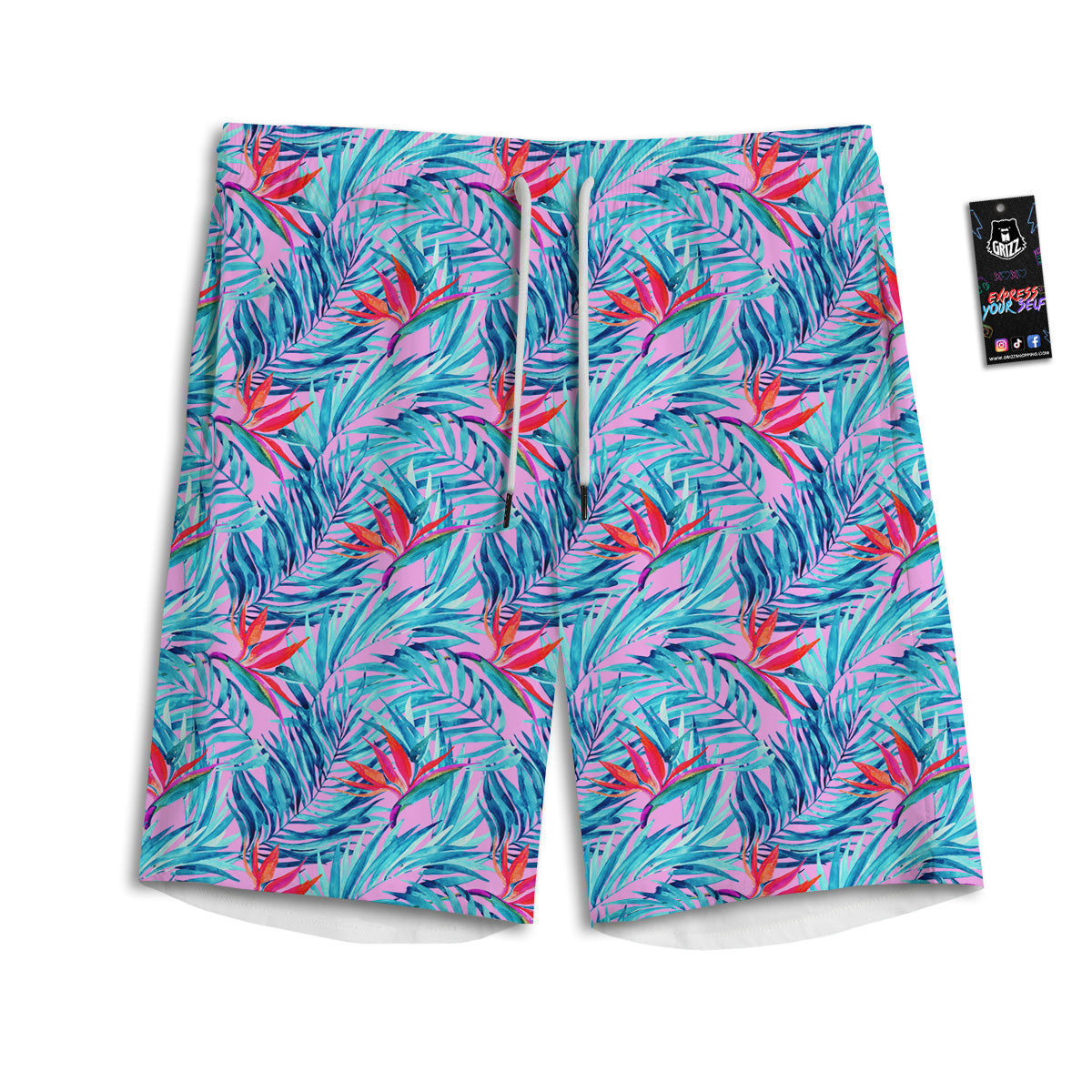 Watercolor Hawaiian Pink And Blue Print Men's Athletic Shorts