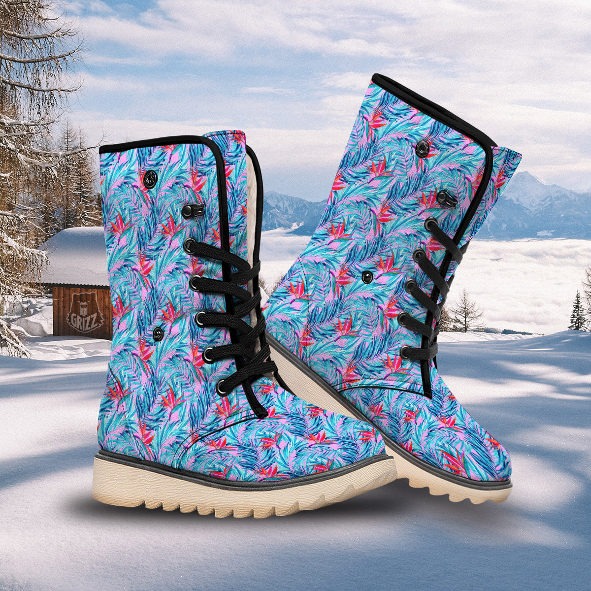 Watercolor Hawaiian Pink And Blue Print Snow Boots-grizzshop