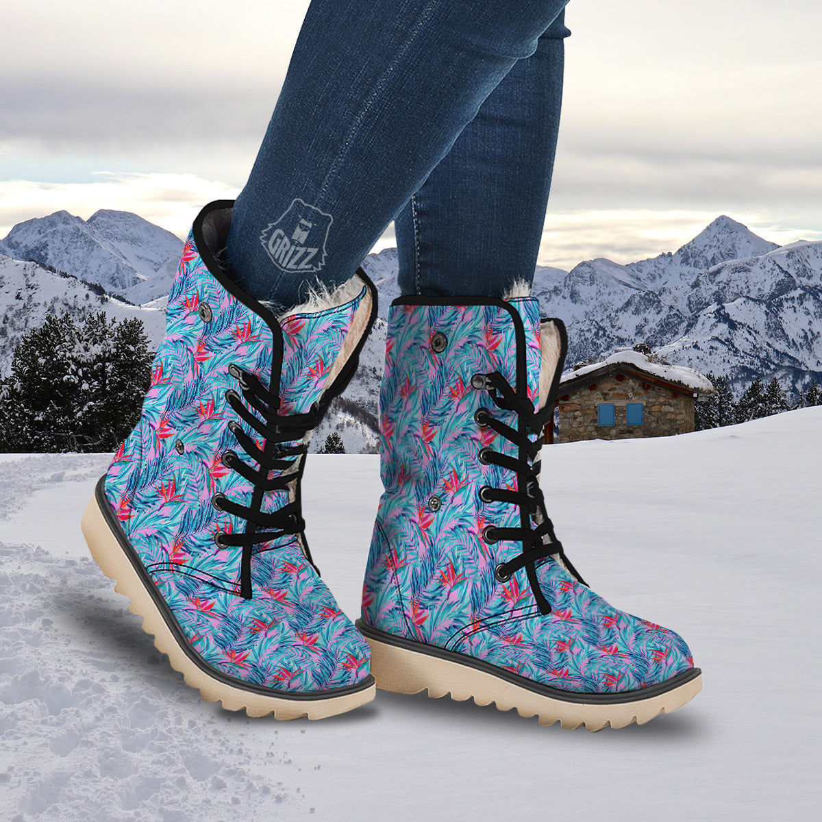 Watercolor Hawaiian Pink And Blue Print Snow Boots-grizzshop