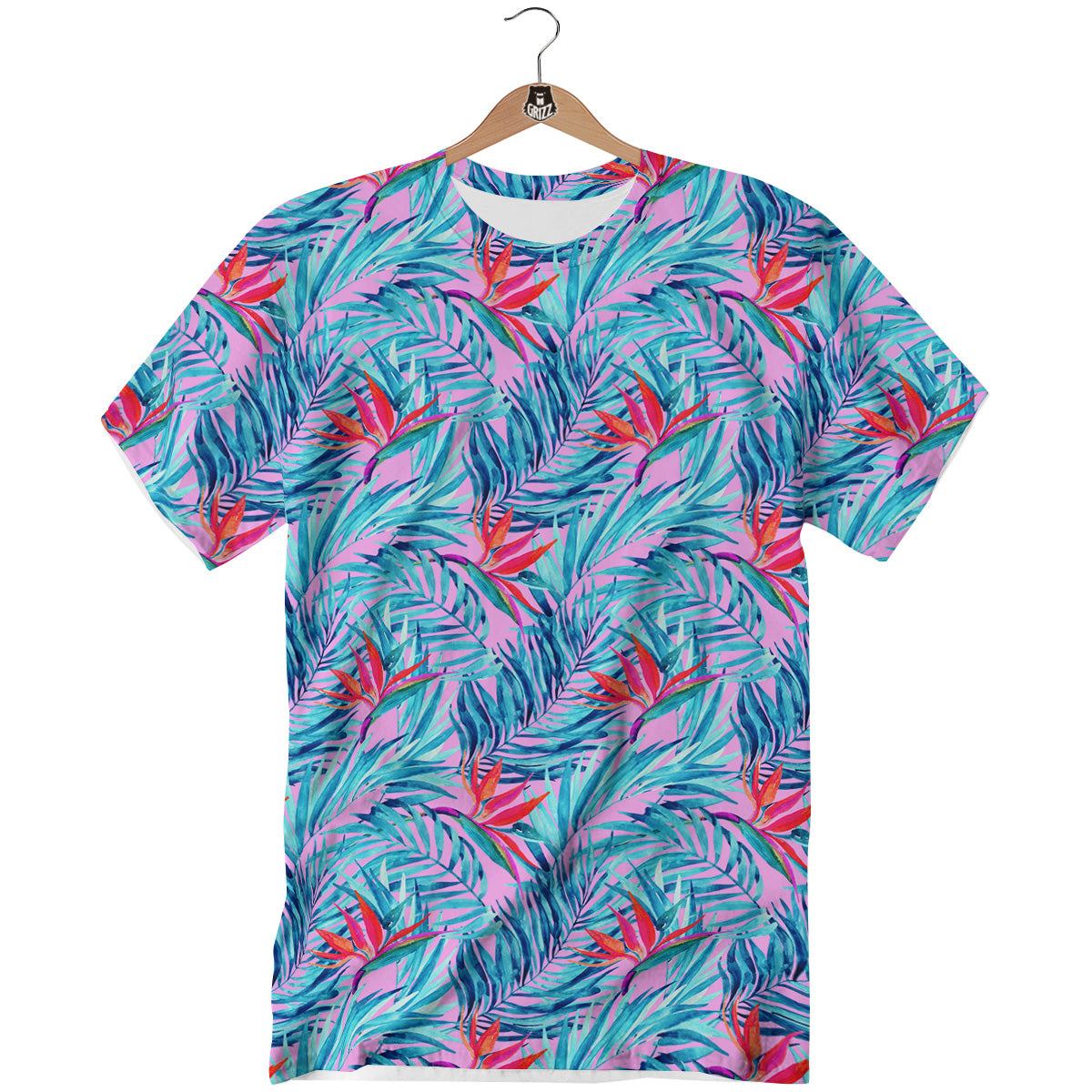 Watercolor Hawaiian Pink And Blue Print T-Shirt-grizzshop