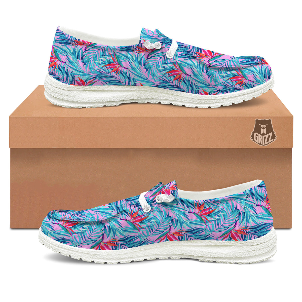 Watercolor Hawaiian Pink And Blue Print White Loafers-grizzshop