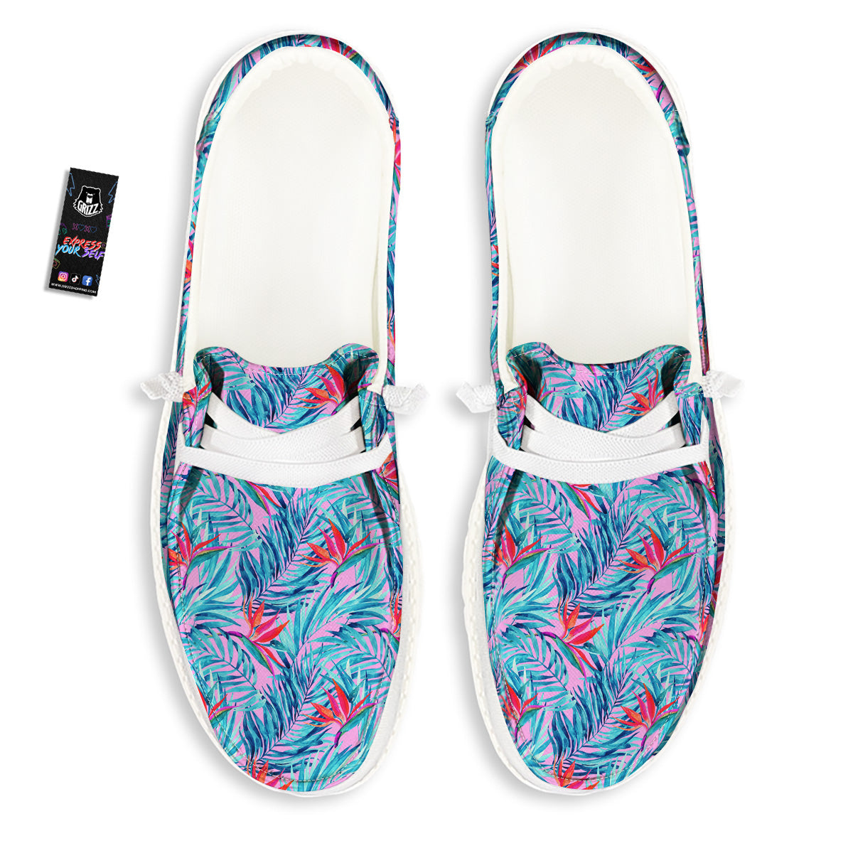 Watercolor Hawaiian Pink And Blue Print White Loafers-grizzshop