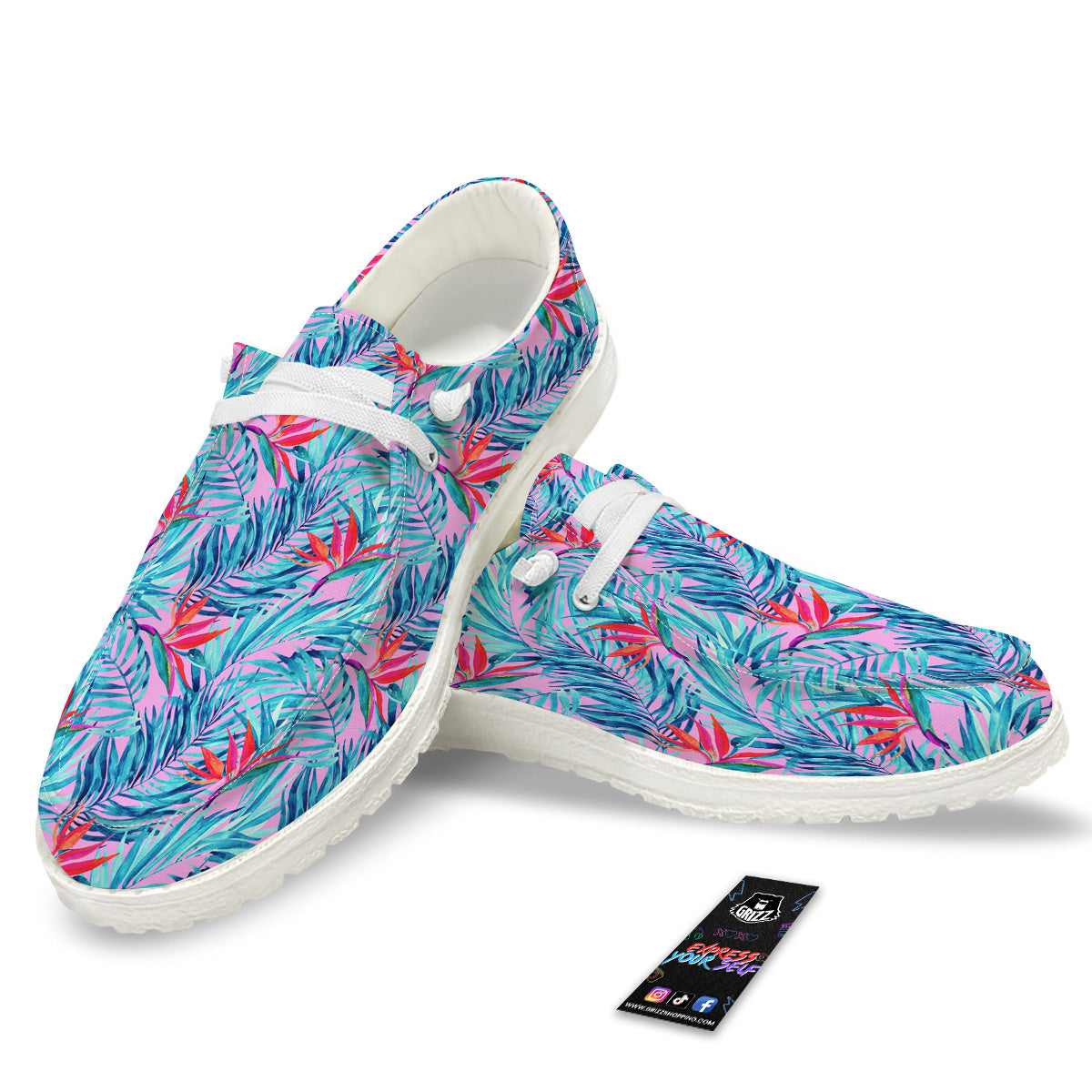 Watercolor Hawaiian Pink And Blue Print White Loafers-grizzshop