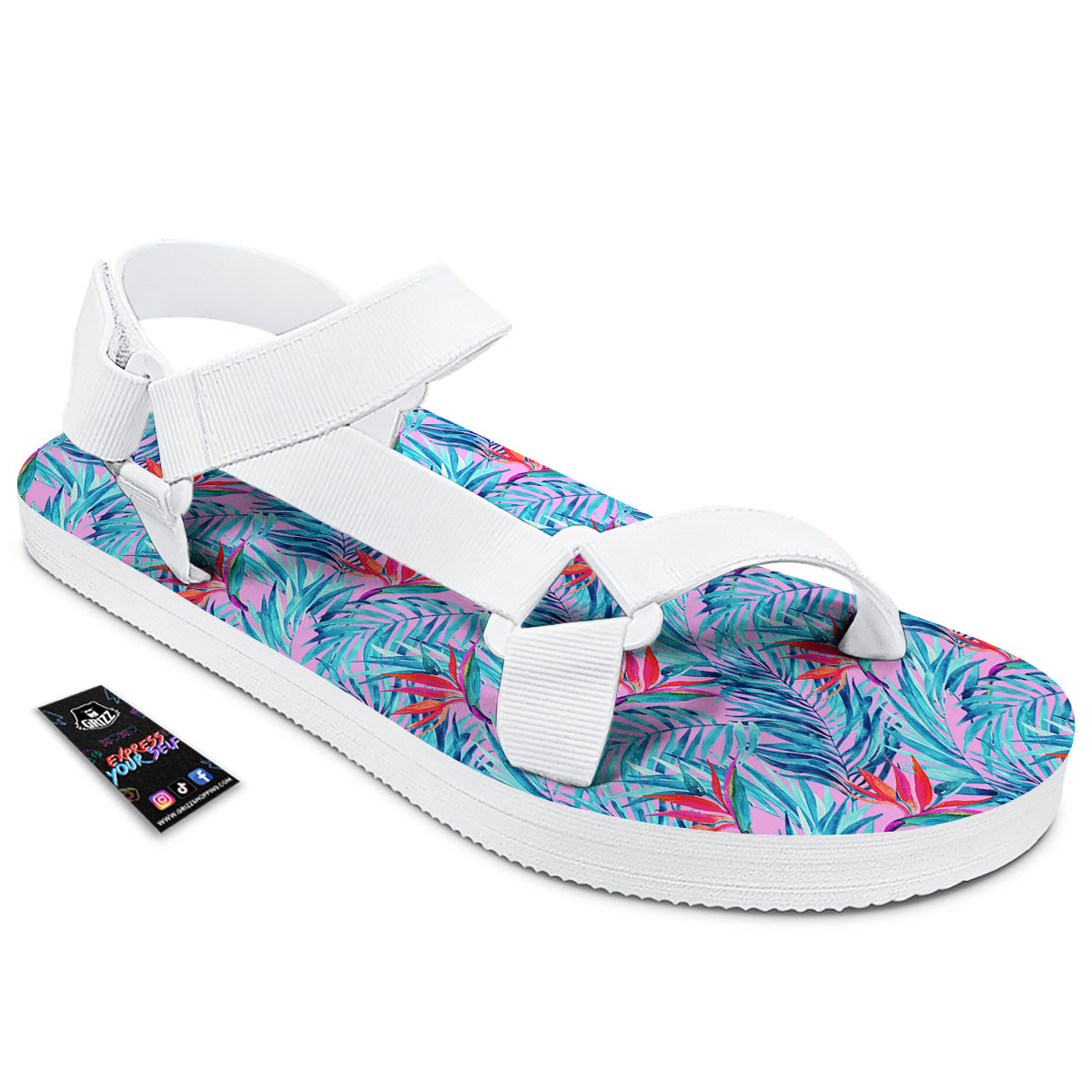 Watercolor Hawaiian Pink And Blue Print White Open Toe Sandals-grizzshop