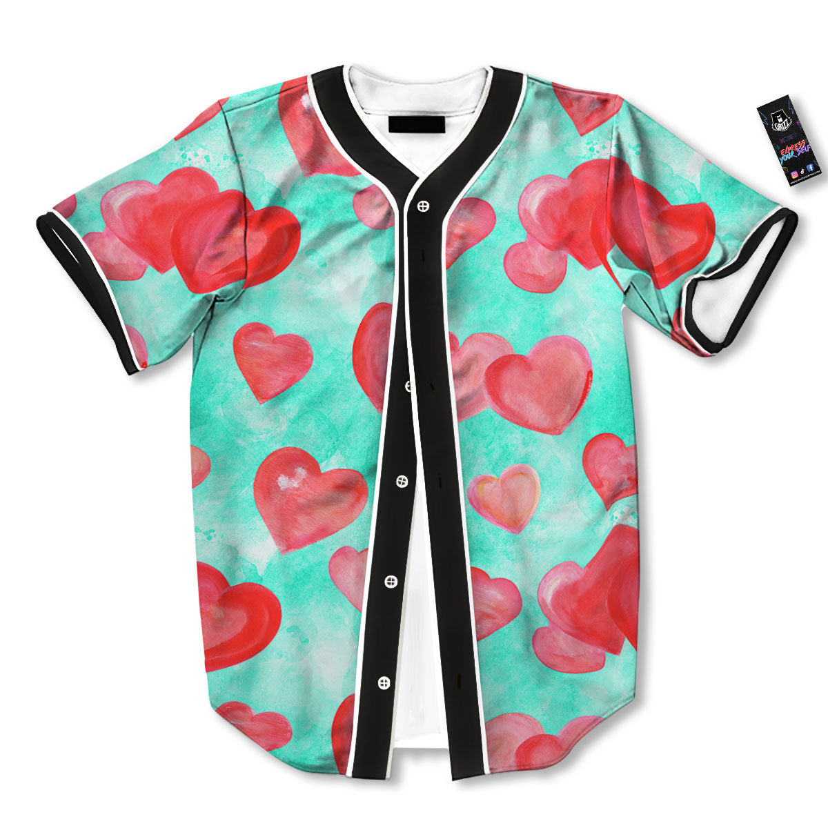 Watercolor Heart Teal And Pink Print Baseball Jersey-grizzshop