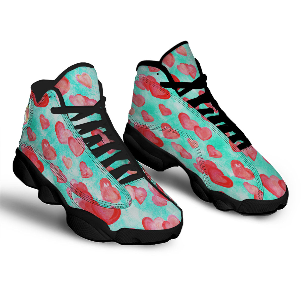 Watercolor Heart Teal And Pink Print Black Basketball Shoes-grizzshop
