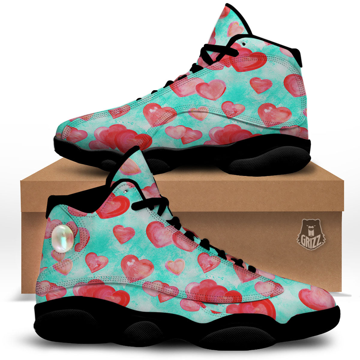 Watercolor Heart Teal And Pink Print Black Basketball Shoes-grizzshop