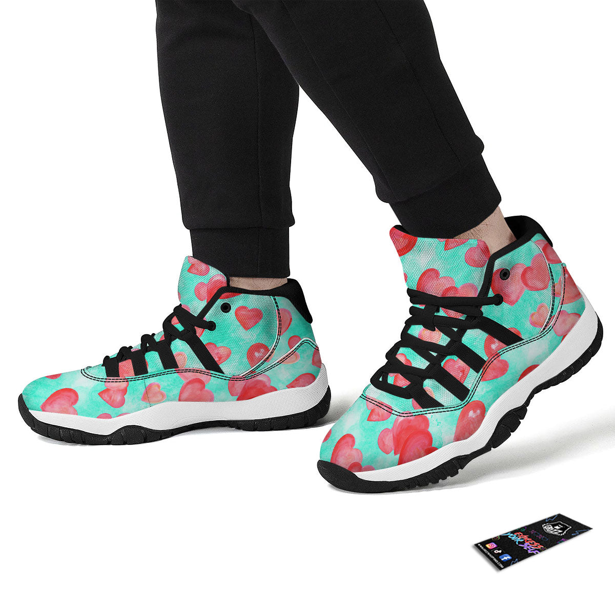 Watercolor Heart Teal And Pink Print Black Bball Shoes-grizzshop