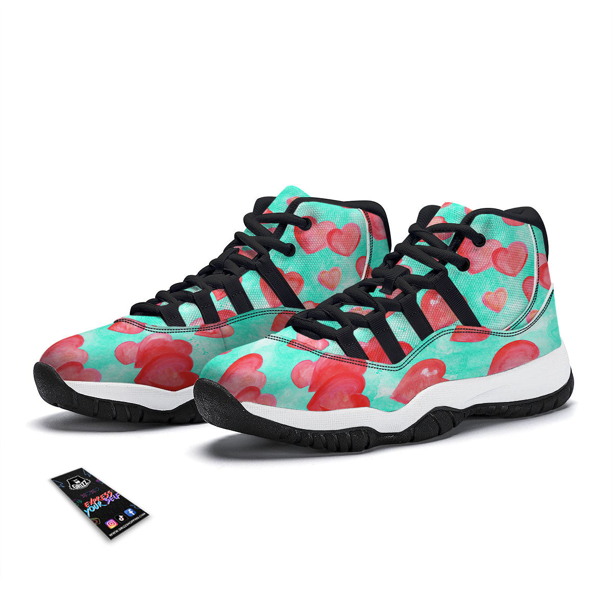 Watercolor Heart Teal And Pink Print Black Bball Shoes-grizzshop