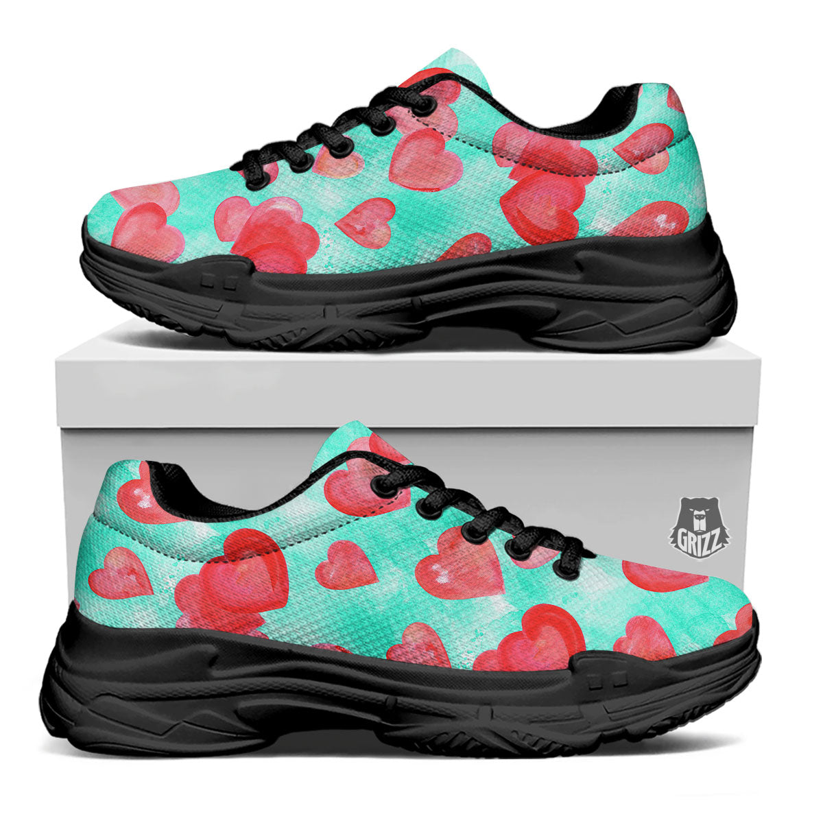 Watercolor Heart Teal And Pink Print Black Chunky Shoes-grizzshop