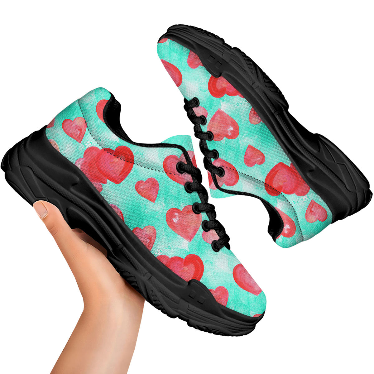 Watercolor Heart Teal And Pink Print Black Chunky Shoes-grizzshop