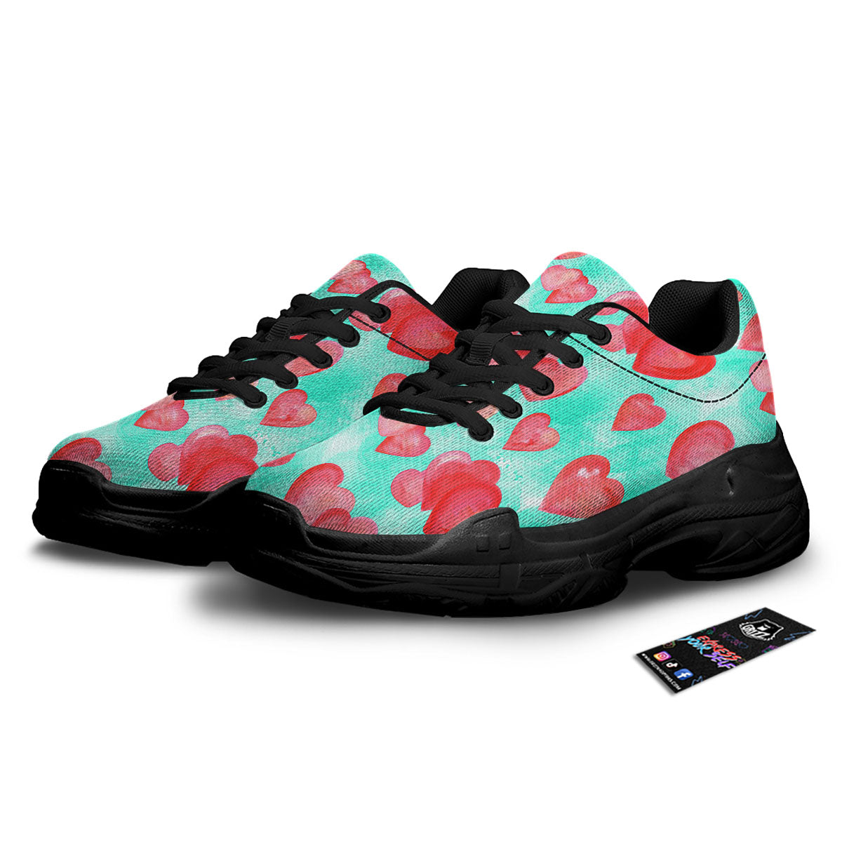 Watercolor Heart Teal And Pink Print Black Chunky Shoes-grizzshop