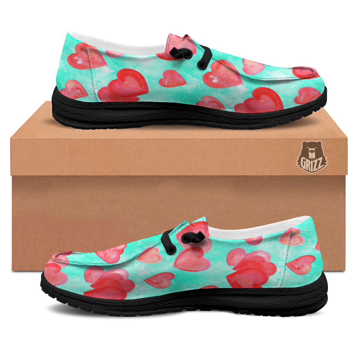 Watercolor Heart Teal And Pink Print Black Loafers-grizzshop