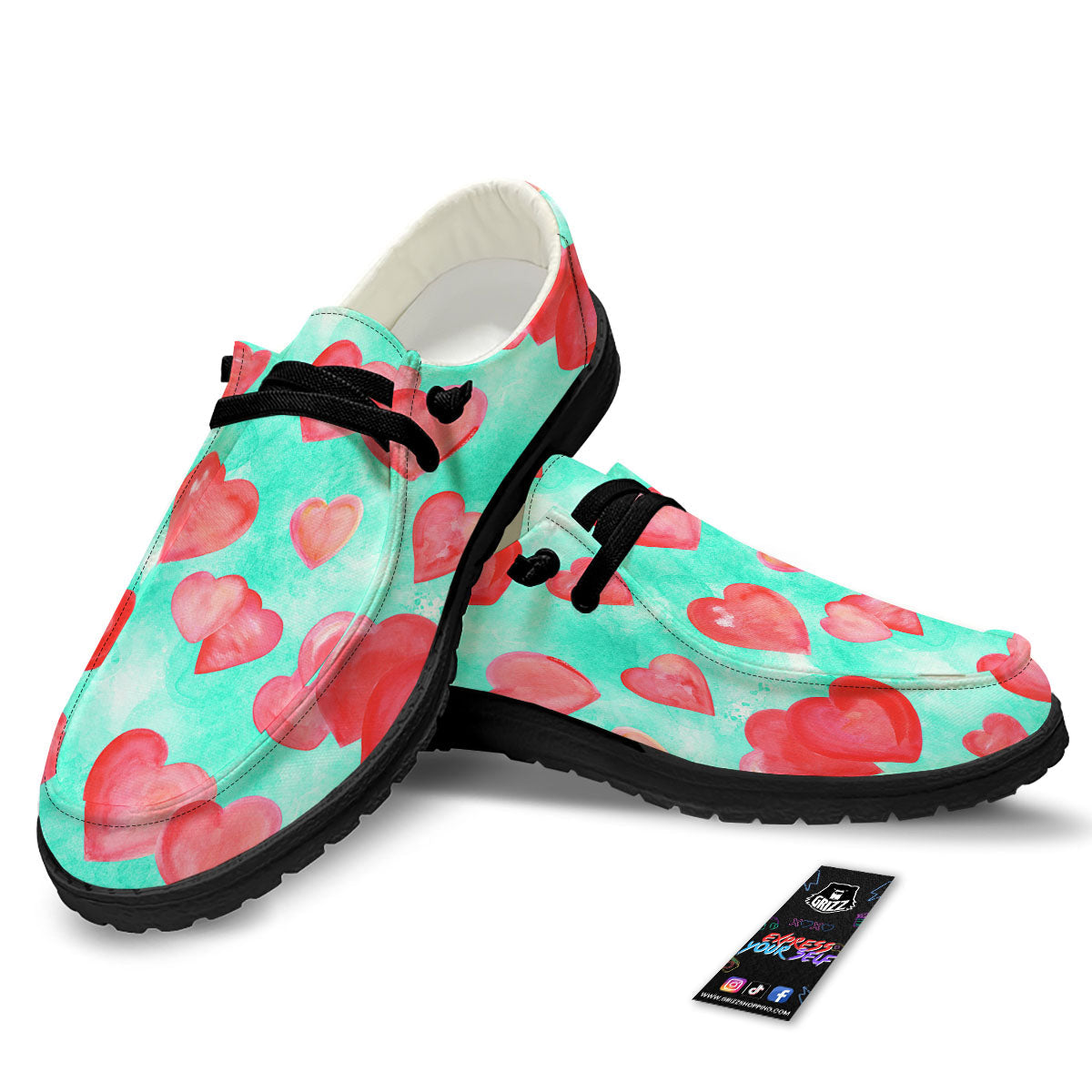 Watercolor Heart Teal And Pink Print Black Loafers-grizzshop