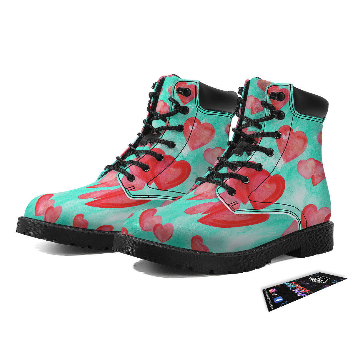 Watercolor Heart Teal And Pink Print Boots-grizzshop