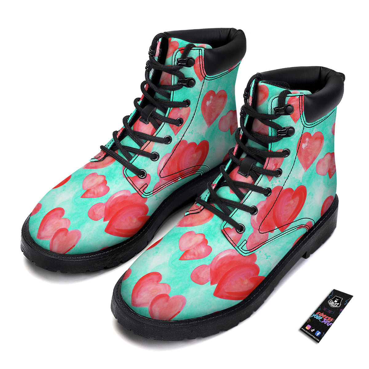 Watercolor Heart Teal And Pink Print Boots-grizzshop