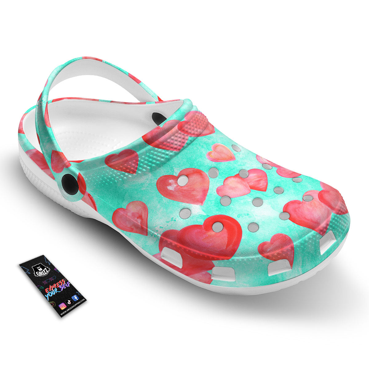 Watercolor Heart Teal And Pink Print Clog-grizzshop